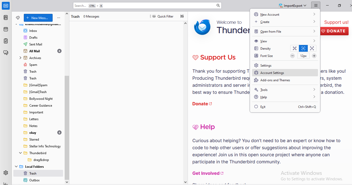 open the Thunderbird app, click on the top-right Menu [three horizontal lines], and then click ‘Account Settings’.